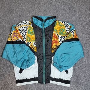 Vintage 90s River Edge Sport Windbreaker Women Jacket M Colorblock Baroque Print